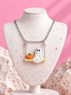 Swinging Ghostie with Pumpkin — Fall — Handmade Necklace